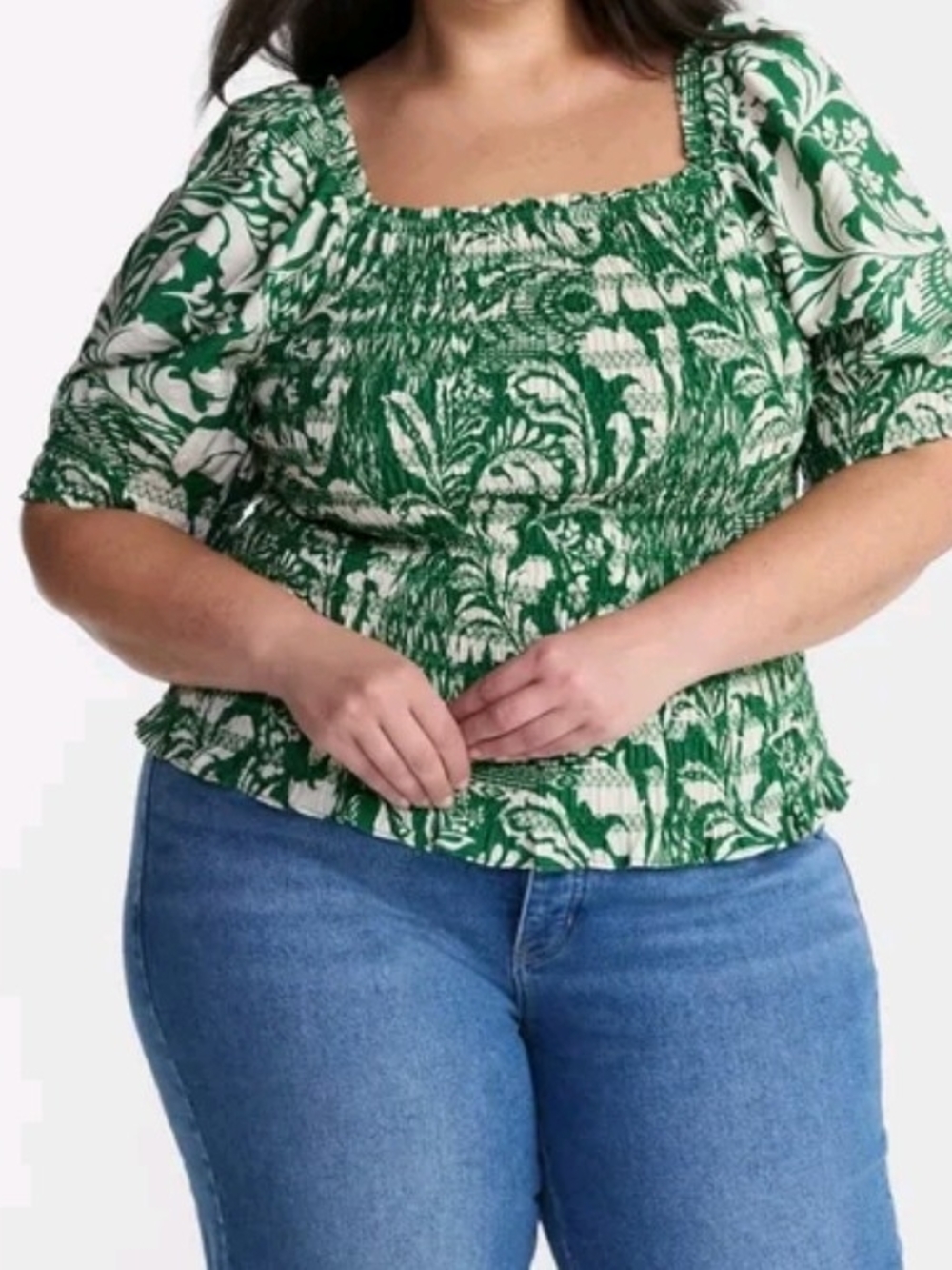 Floral Smocked Blouse in Green & White
